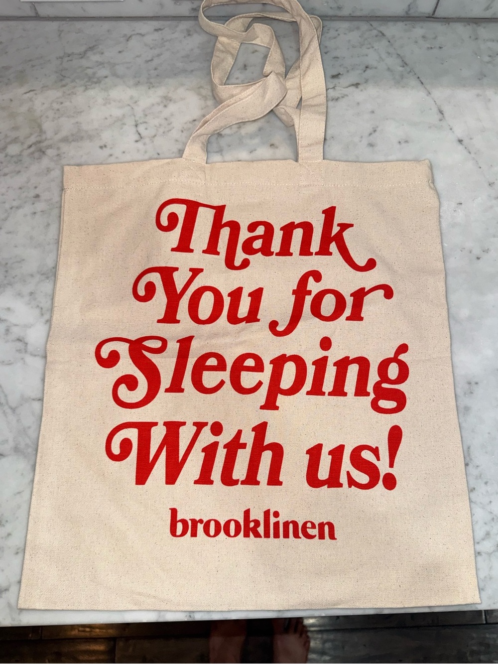 Brooklinen Cream Canvas Tote with Red Script Thank You Graphic